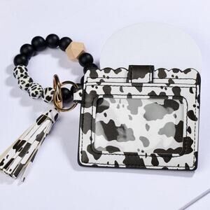 Black White Cow Print Beaded Bracelet Keyring Vegan Leather Wallet Tassel
